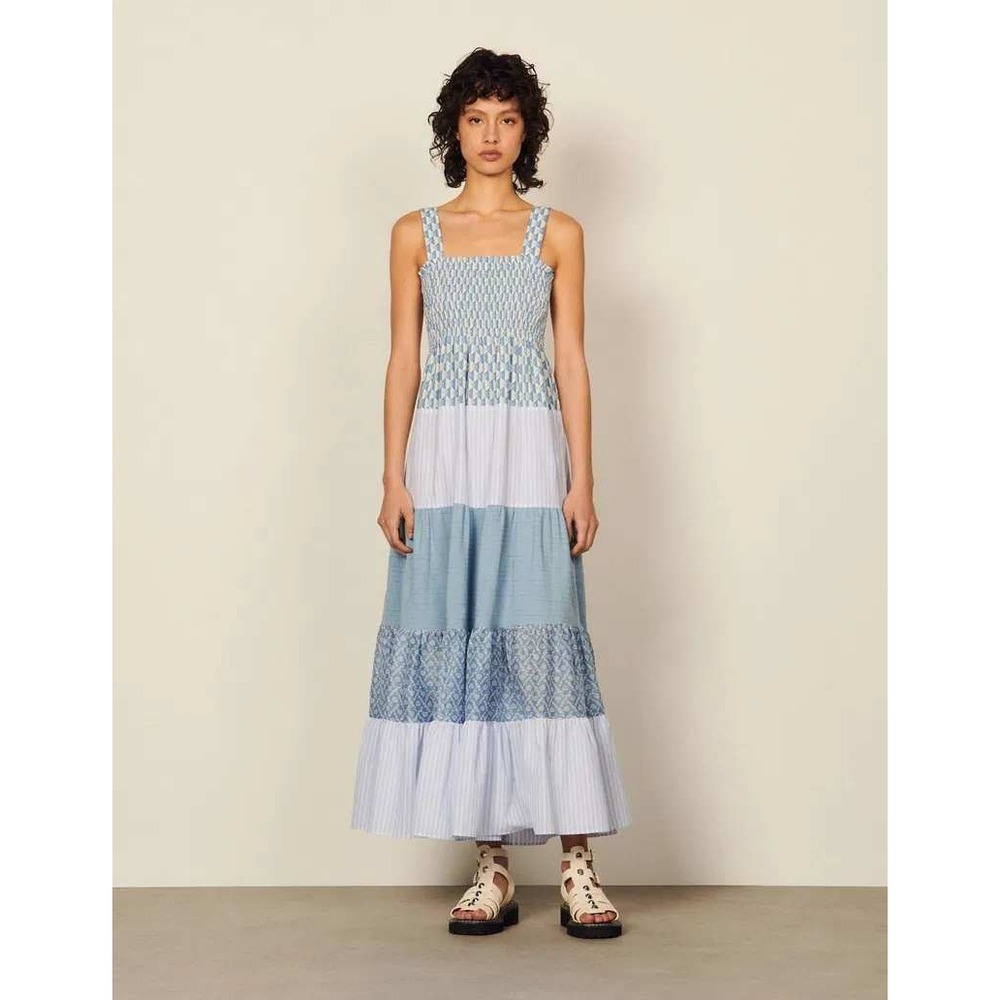 Sandro Blue White Mixed Print Smocked Tiered Maxi Dress Sleeveless